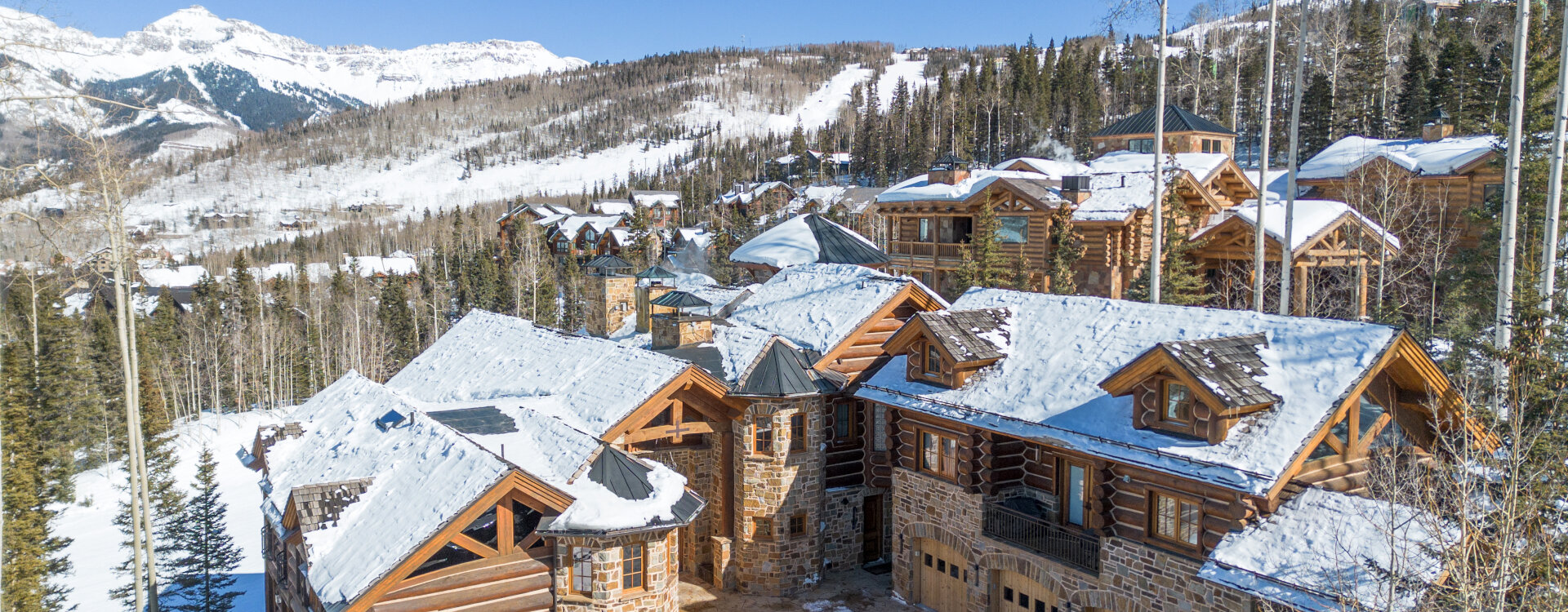 picture perfect mountain village drone exterior